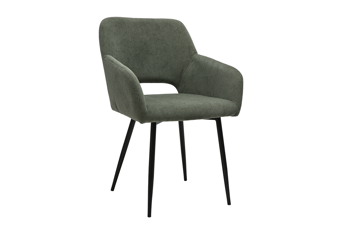 Chaises en tissu velours c�tel� vert kaki et m�tal noir (lot de 2) LAURETTE