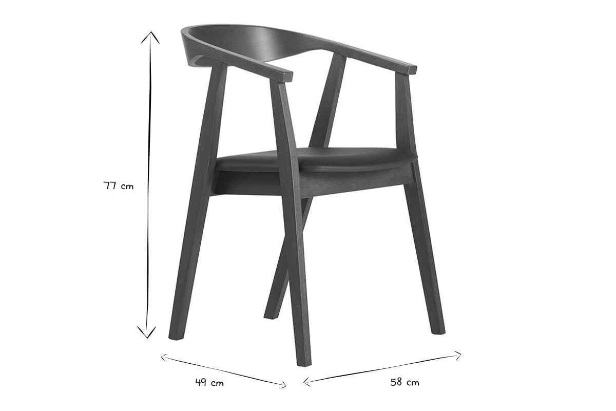 Chaise scandinave c�t� noir et bois fonc� avec dimensions 77x49x58 cm, en noir et blanc.