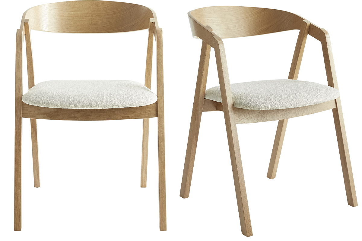 Chaises scandinaves empilables en bois clair ch�ne et tissu effet laine boucl�e blanc cass� (lot de 2) LOVA