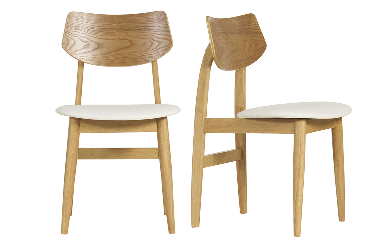 Chaises scandinaves en bois clair avec assise blanche, vues de face et de c�t�.