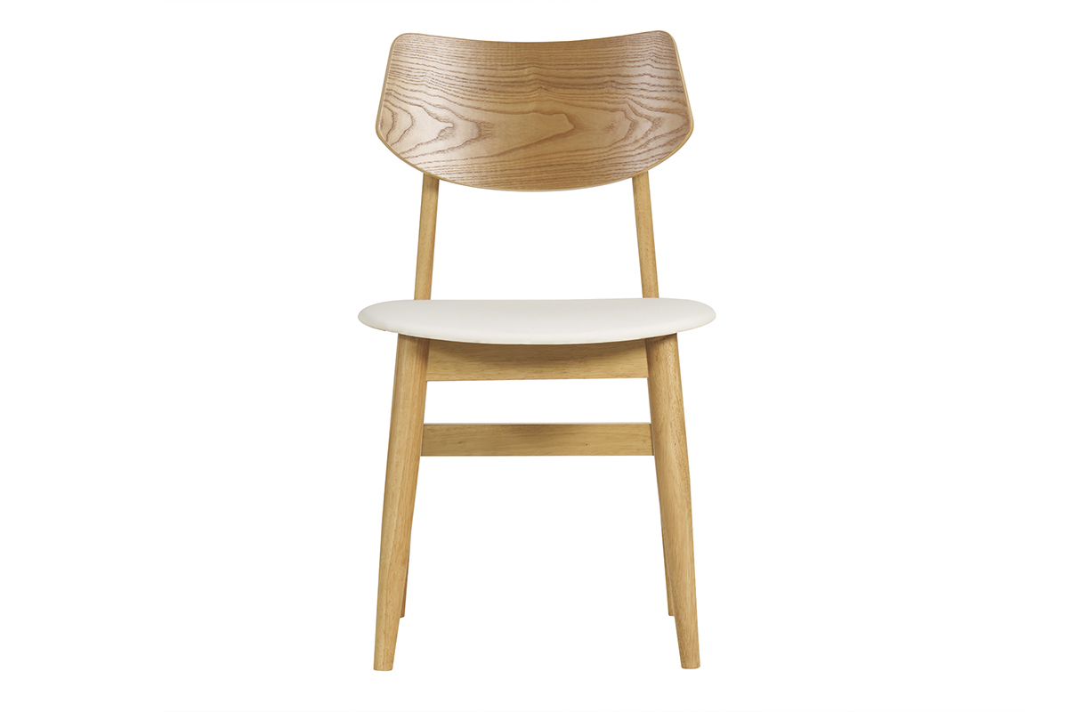 Chaise scandinave en bois clair et assise blanche, vue de face.