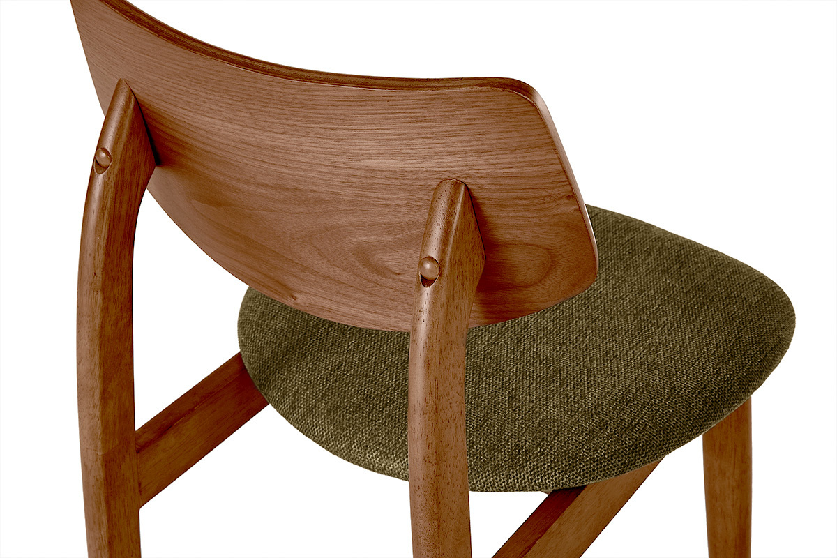 Chaise scandinave en bois fonc� et tissu vert kaki, vue arri�re avec d�tails des courbes.