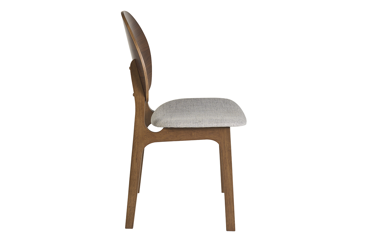 Chaise scandinave ELTON en bois fonc� et tissu gris clair, vue de profil.