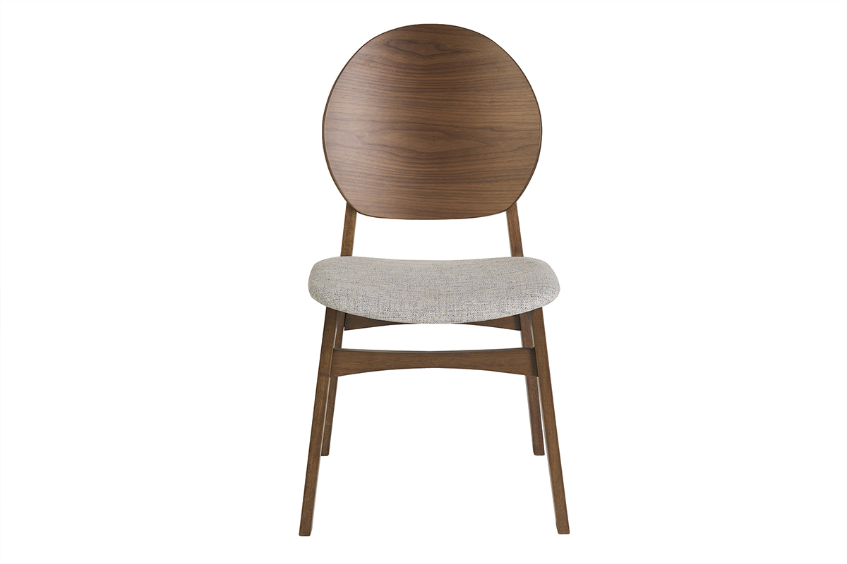 Chaise scandinave en bois fonc� et tissu gris clair vue de face