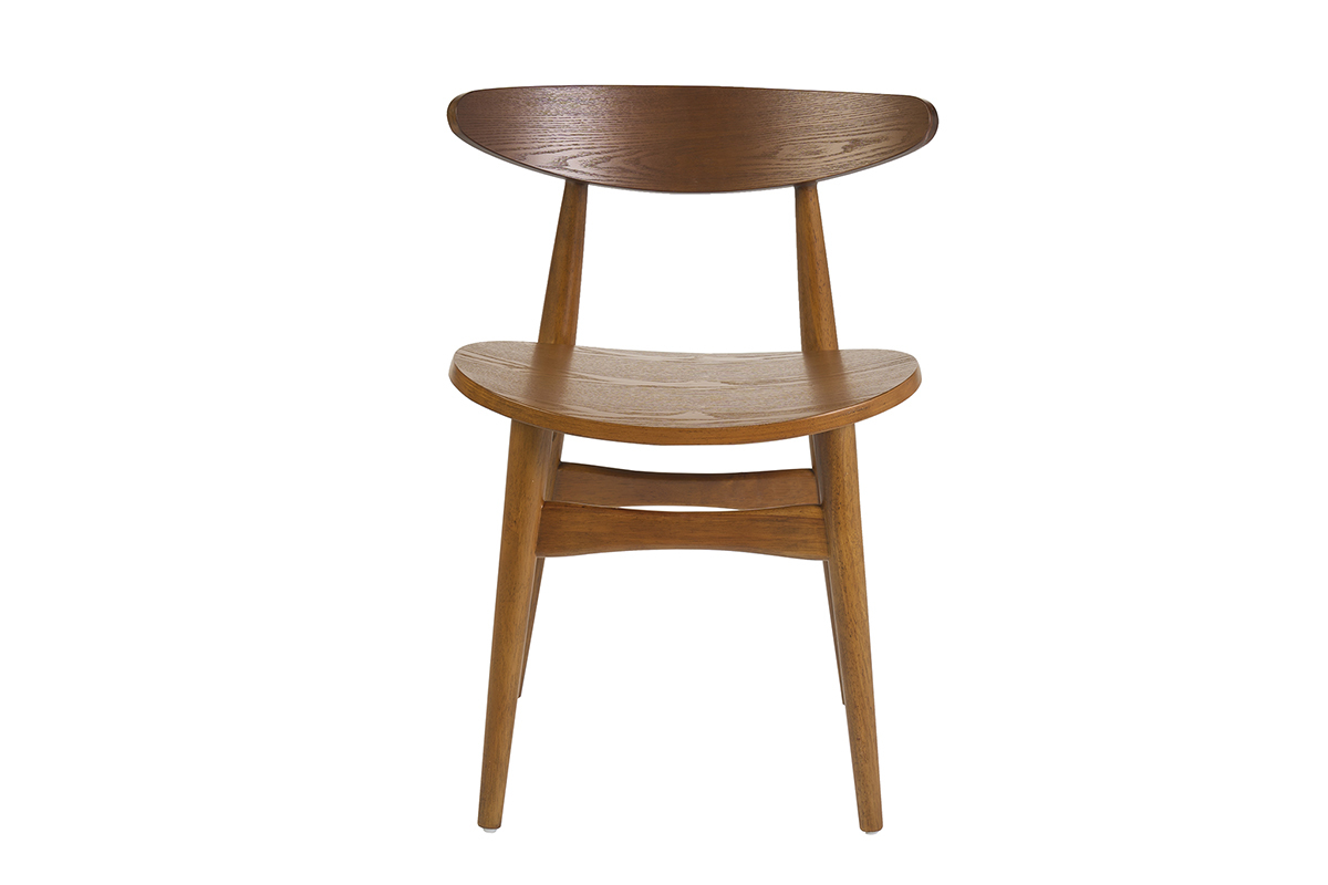 Chaise scandinave en bois fonc� fr�ne vue de face avec courbes �pur�es.
