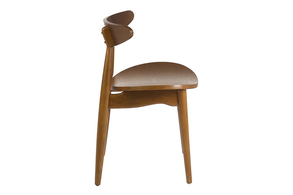 Chaise scandinave en bois fonc� fr�ne vue de profil, assise curv�e et jambes coniques.