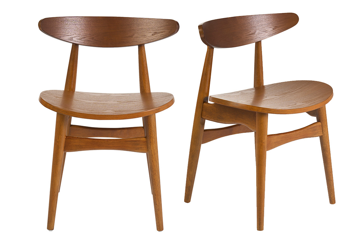Chaises scandinaves en bois fonc� fr�ne, lot de 2, vue de face, design �pur�.