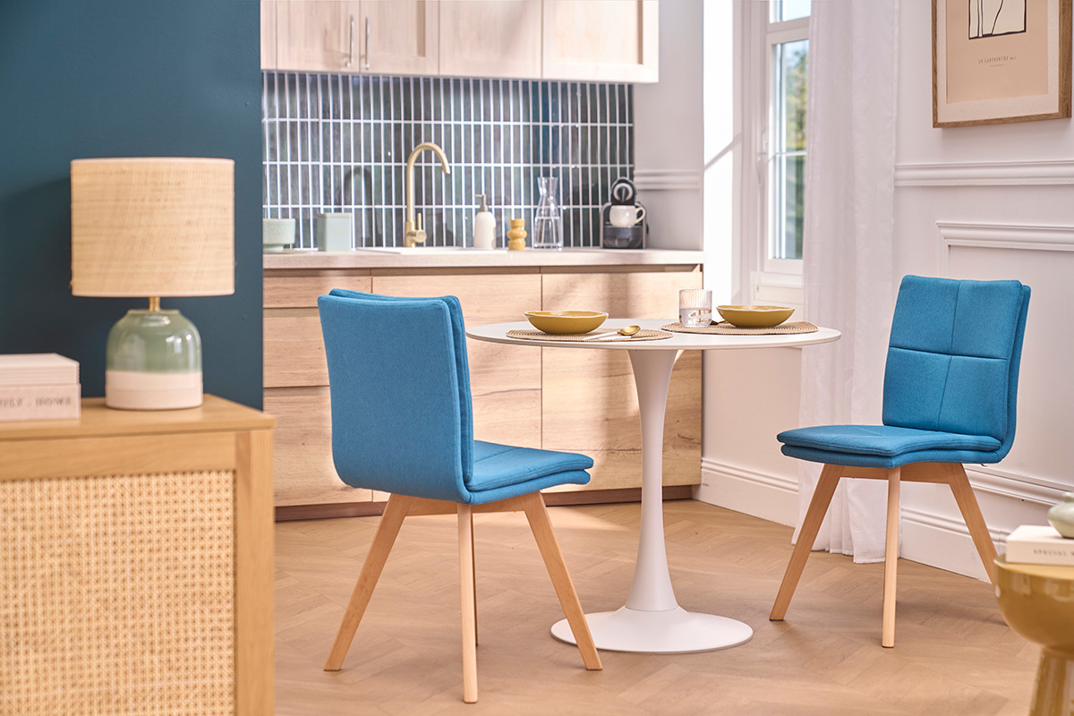 Chaises scandinaves en tissu bleu et bois clair (lot de 2) THEA