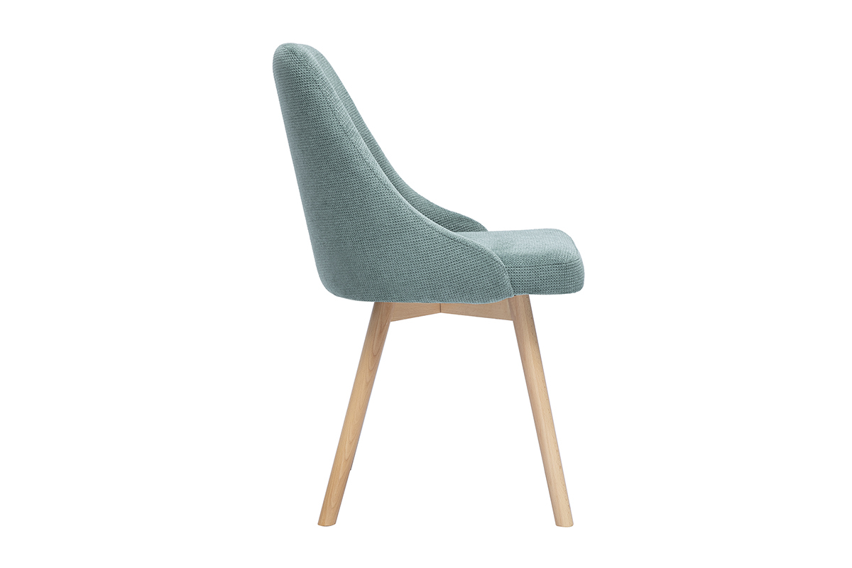 Chaise scandinave en tissu vert c�ladon vue de profil, pieds en bois clair.