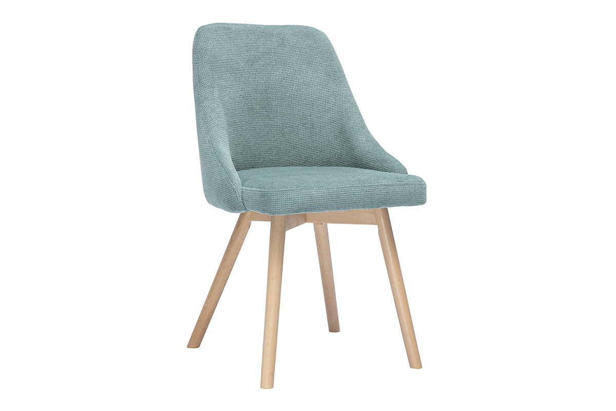 Chaise scandinave en tissu vert c�ladon et bois clair vue de 3/4.