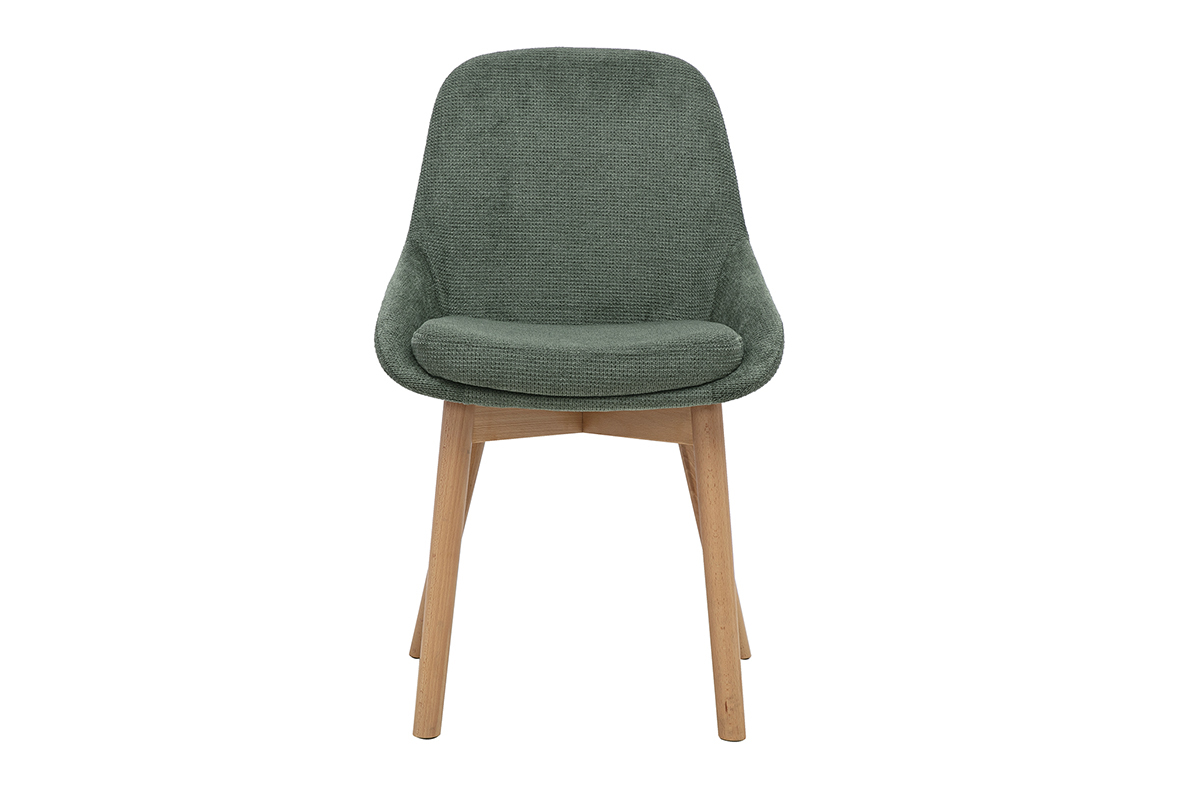 Chaise scandinave en tissu chenille vert kaki et bois clair, vue de face