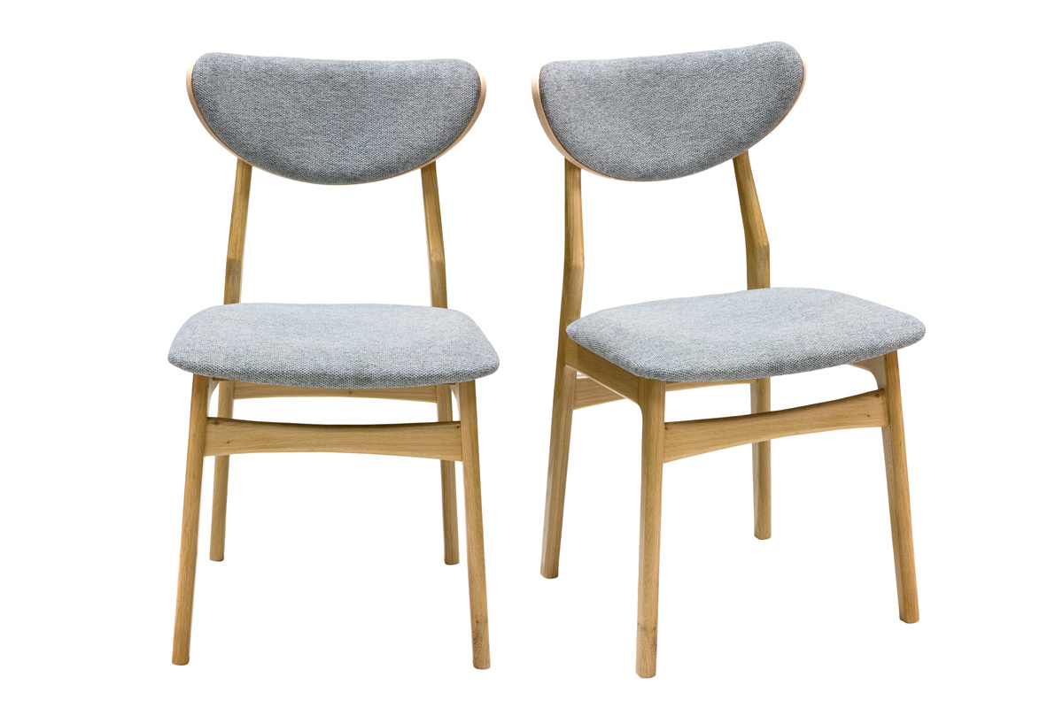 Chaises scandinaves en tissu effet velours textur� gris chin� et bois clair ch�ne massif (lot de 2) MAYA