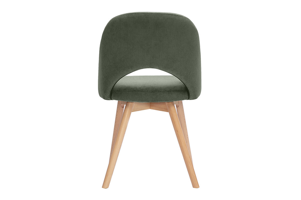 Chaise scandinave en velours c�tel� vert et bois clair, vue de dos.