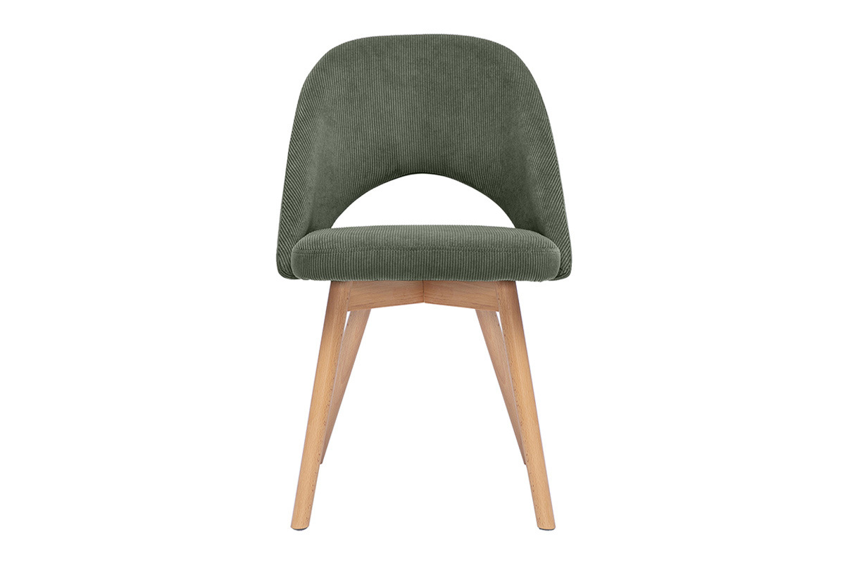 Chaise scandinave en velours c�tel� vert kaki et bois clair, vue de face.