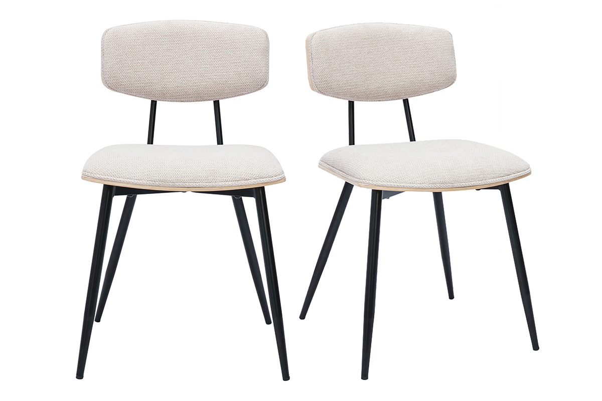 Chaises vintage en bois clair ch�ne assises tissu chenille beige et m�tal noir (lot de 2) JOLINE