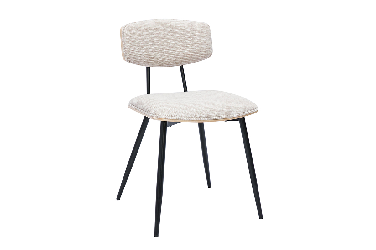 Chaises vintage en bois clair ch�ne assises tissu chenille beige et m�tal noir (lot de 2) JOLINE