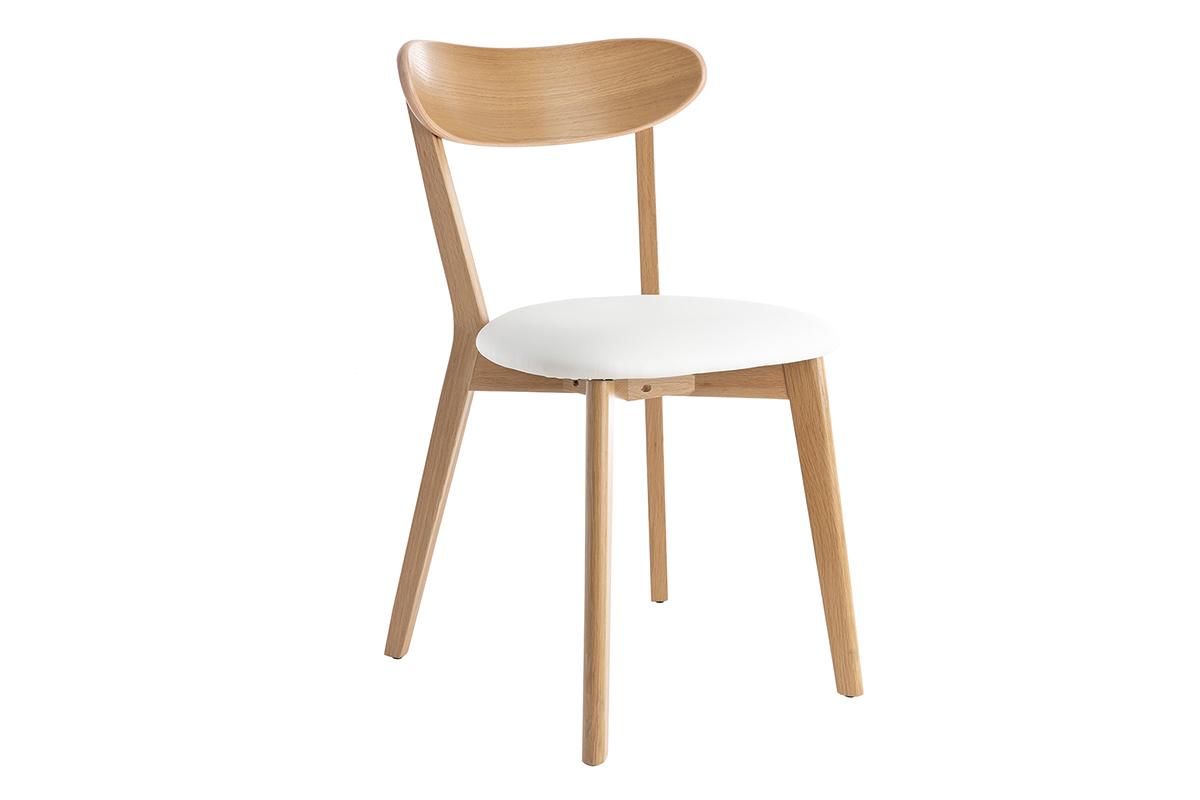 Chaise vintage DOVE en bois clair ch�ne et assise blanche vue de 3/4.