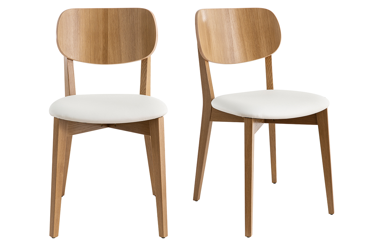 Lot de 2 chaises vintage LUCIA en bois clair ch�ne avec assise rembourr�e blanche, vue de face.