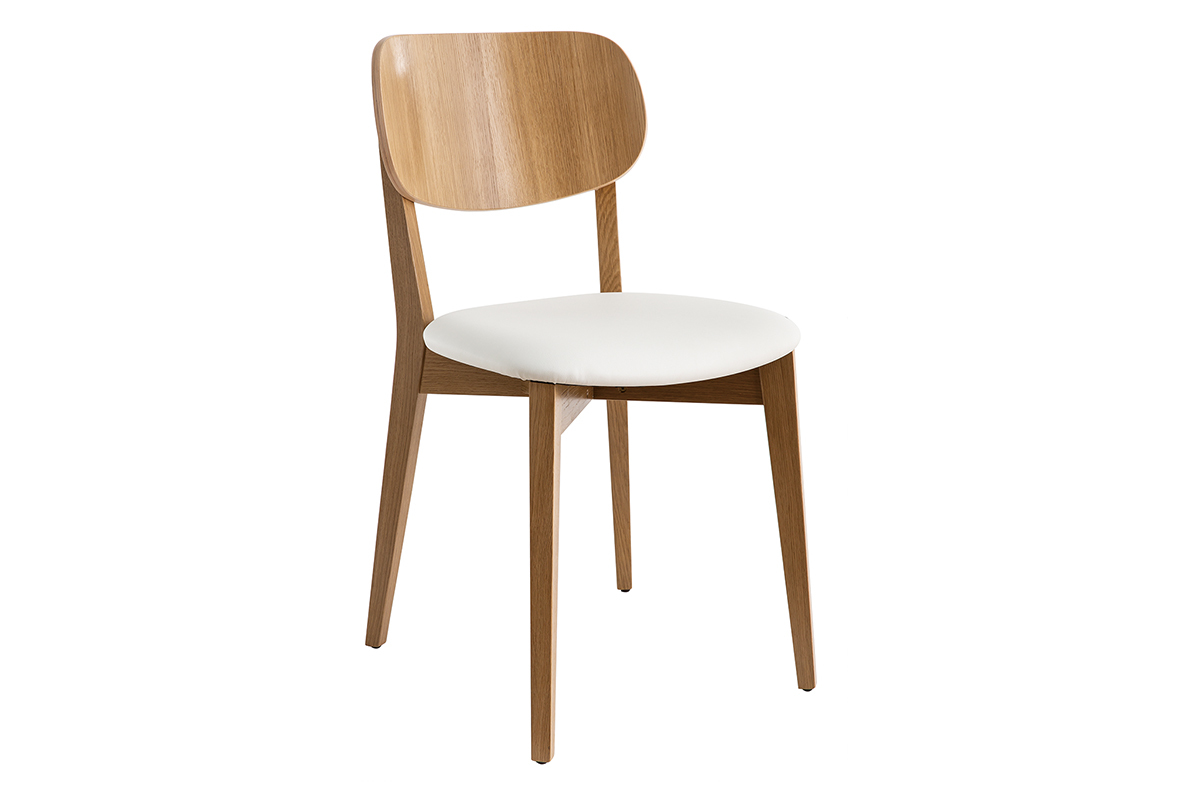 Chaise vintage en bois clair ch�ne et assise blanche, vue de 3/4.