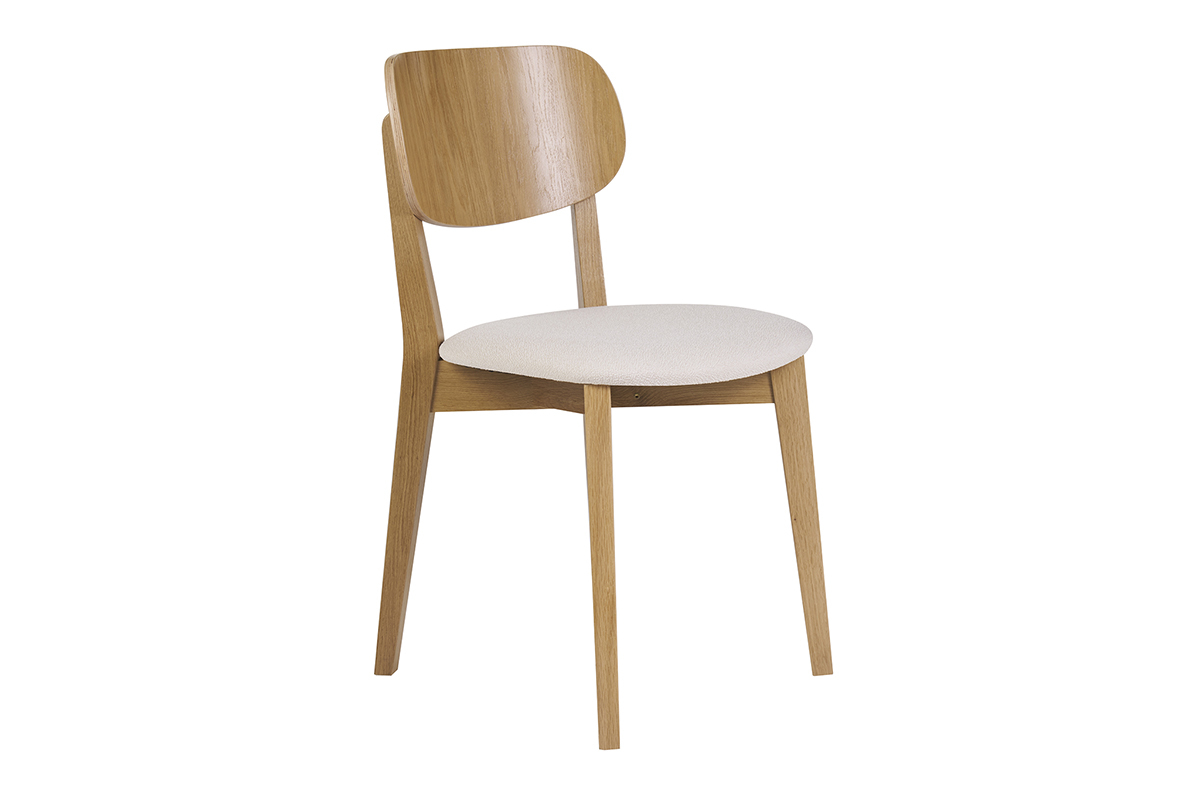 Chaises vintage en bois clair ch�ne et tissu effet laine boucl�e blanc (lot de 2) LUCIA