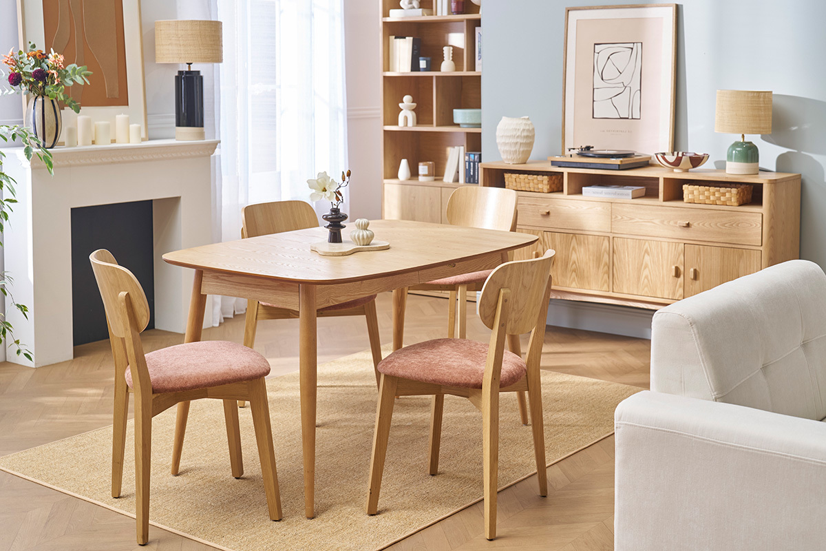 Chaises vintage en bois clair ch�ne et tissu effet velours terracotta (lot de 2) LUCIA