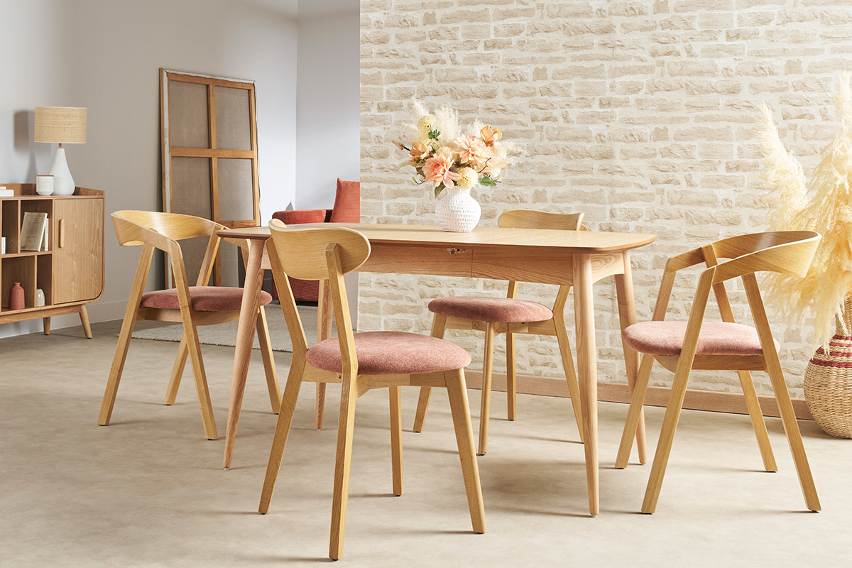 Chaises vintage en bois clair ch�ne et tissu effet velours terre br�l�e (lot de 2) DOVE