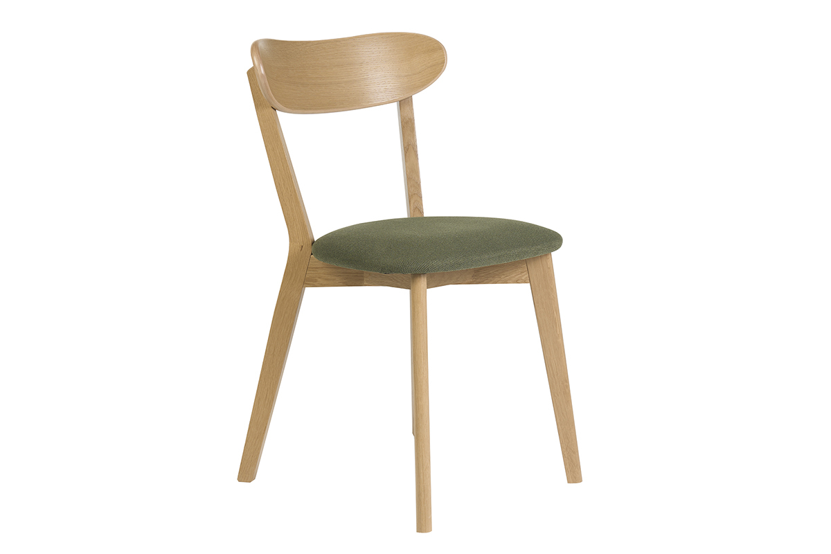 Chaise vintage en bois clair ch�ne avec assise en tissu velours vert kaki, vue de 3/4.