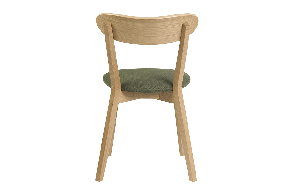 Chaise vintage en bois clair ch�ne avec assise en tissu effet velours textur� vert kaki, vue de dos.