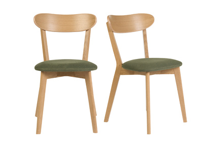 Chaises vintage en bois clair ch&ecirc;ne et tissu effet velours textur&eacute; vert kaki (lot de 2) DOVE