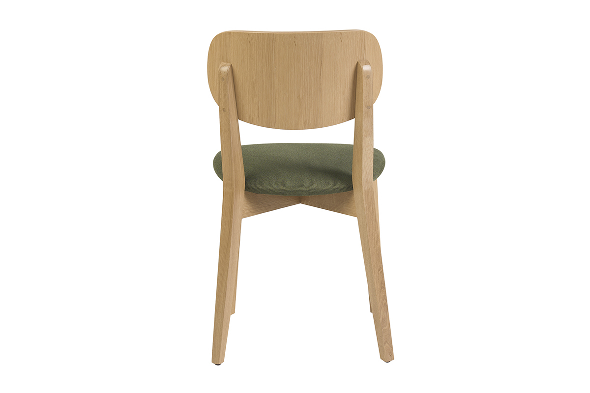 Chaise vintage LUCIA en bois clair ch�ne avec assise en tissu vert kaki, vue de dos.