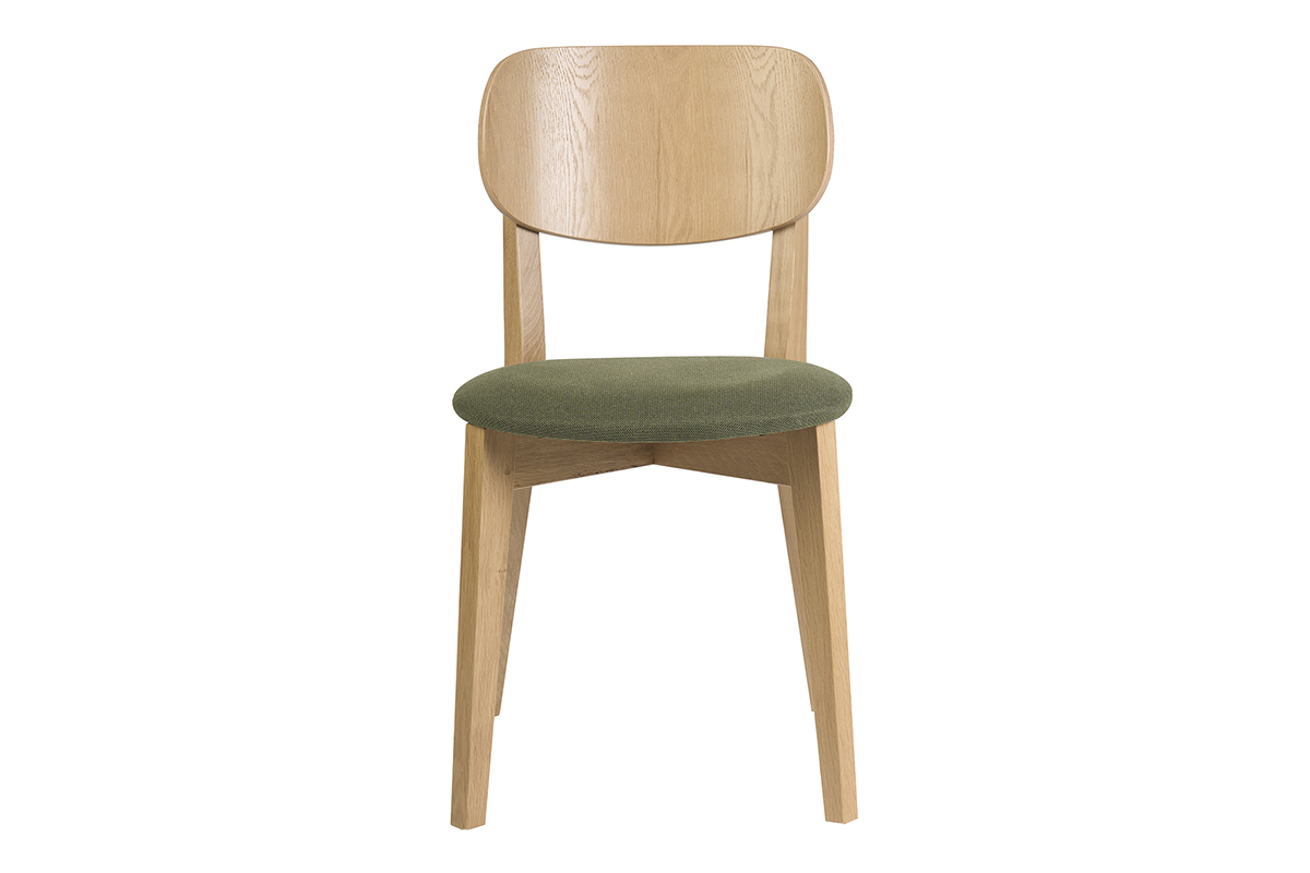 Chaise vintage en bois clair avec assise en velours textur� vert kaki, vue de face.