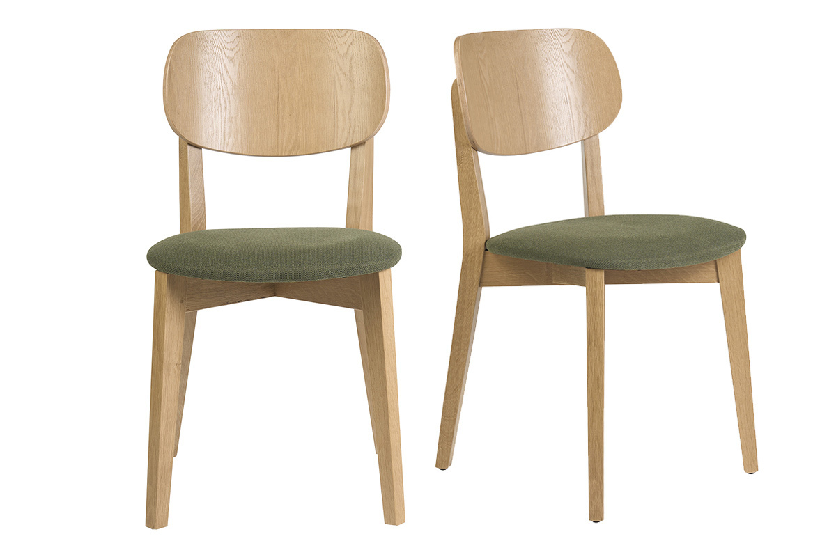 Lot de 2 chaises vintage en bois clair ch�ne avec assise velours textur� vert kaki, vue de face.