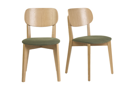 Chaises vintage en bois clair ch&ecirc;ne et tissu effet velours textur&eacute; vert kaki (lot de 2) LUCIA