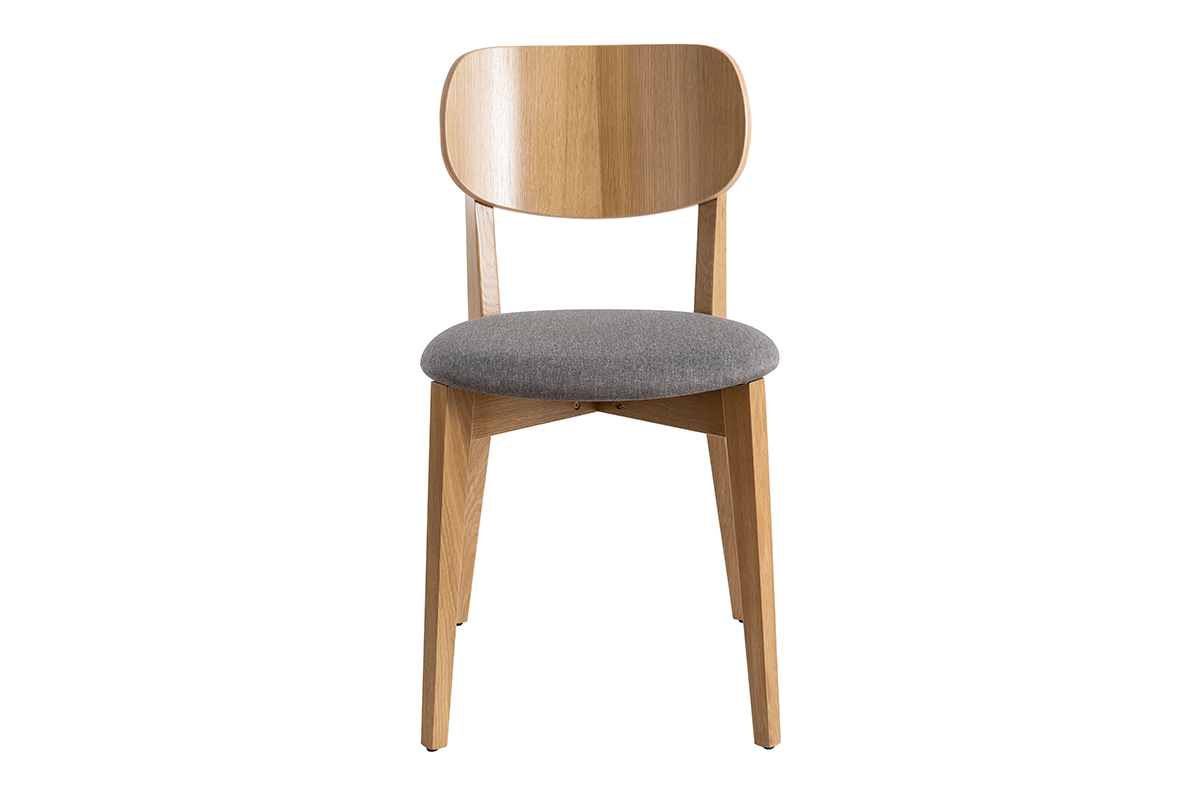 Chaise vintage en bois ch�ne et tissu gris clair, vue de face.