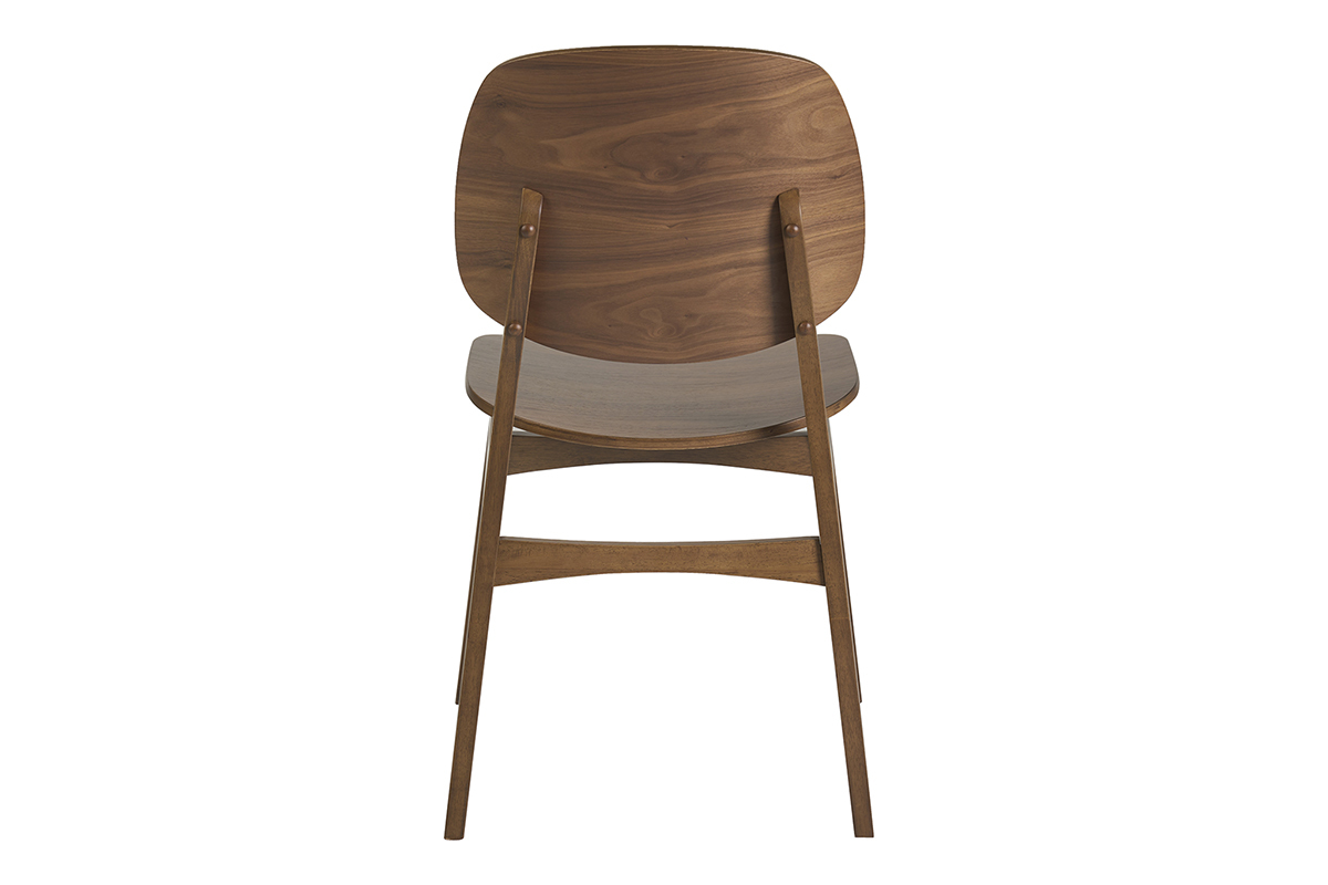 Chaise vintage en bois fonc� noyer, vue de dos, design sobre et arrondi.