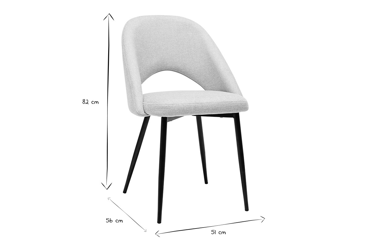 Chaise avec dimensions indiqu�es : hauteur 82 cm, profondeur 56 cm, largeur 51 cm, en noir et blanc.