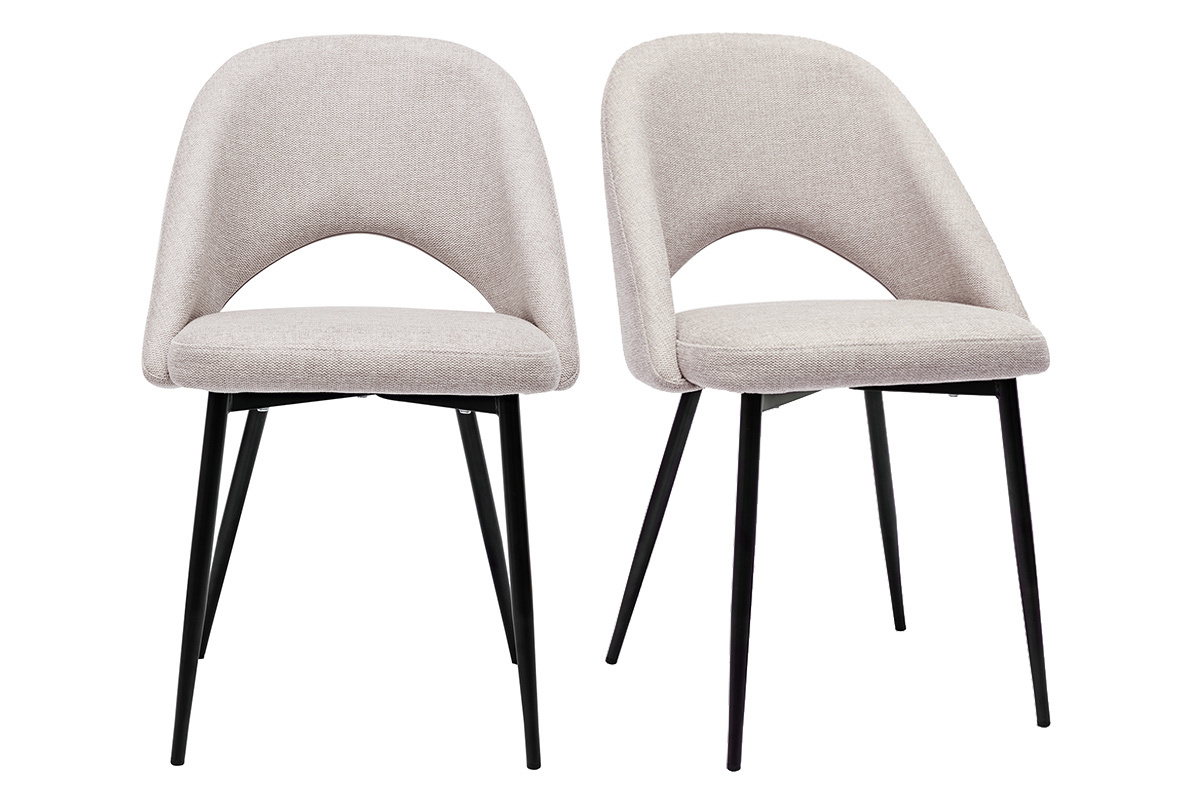 Deux chaises vintage en tissu beige et m�tal noir, vue de face.