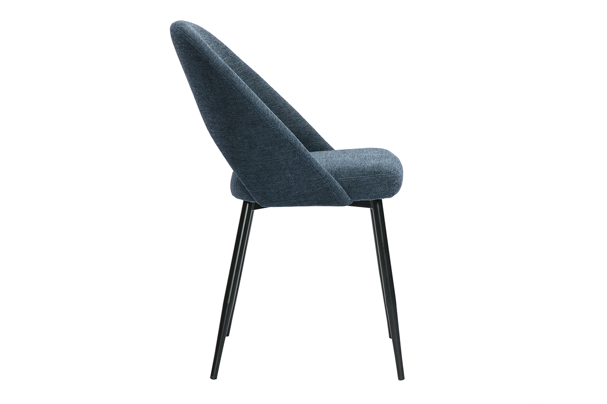 Deux chaises vintage en tissu bleu fonc� et m�tal noir, design fifties, dossier haut et courb�.