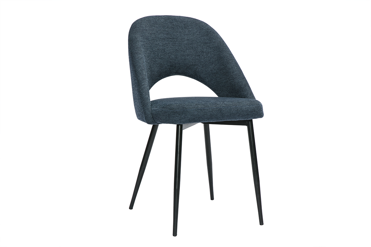 Deux chaises vintage en tissu bleu effet velours et m�tal noir