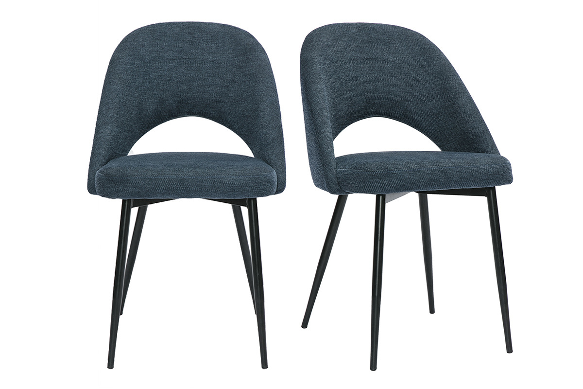 Deux chaises vintage bleu fonc� en tissu velours avec pieds en m�tal noir COSETTE.