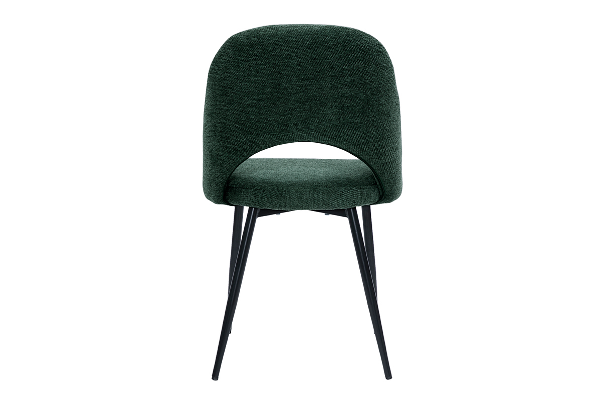 Chaise en tissu vert avec dossier courb� et pieds en m�tal noir, vue de dos.
