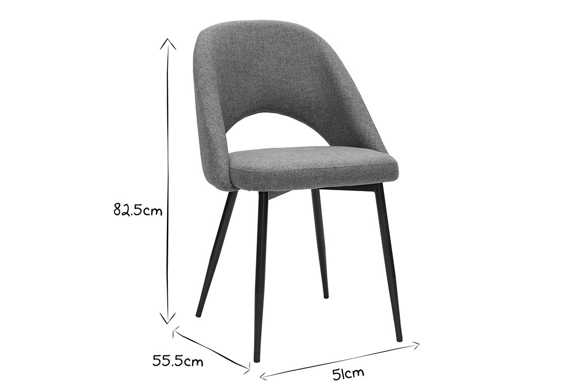 Chaise en noir et blanc avec dimensions 82.5cm, 55.5cm, 51cm, vue de profil.