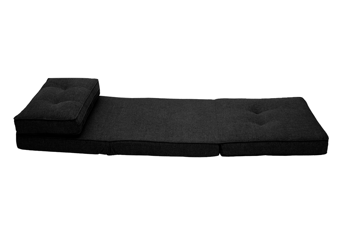 Chauffeuse 1 place convertible SALLY en tissu noir, vue d�pli�e de profil, capitonn�e.