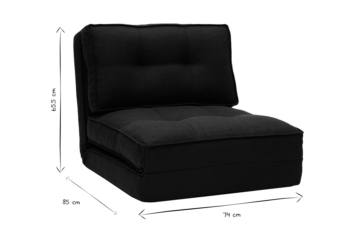 Chauffeuse SALLY noire avec dimensions 65,5x85x74 cm en noir et blanc.