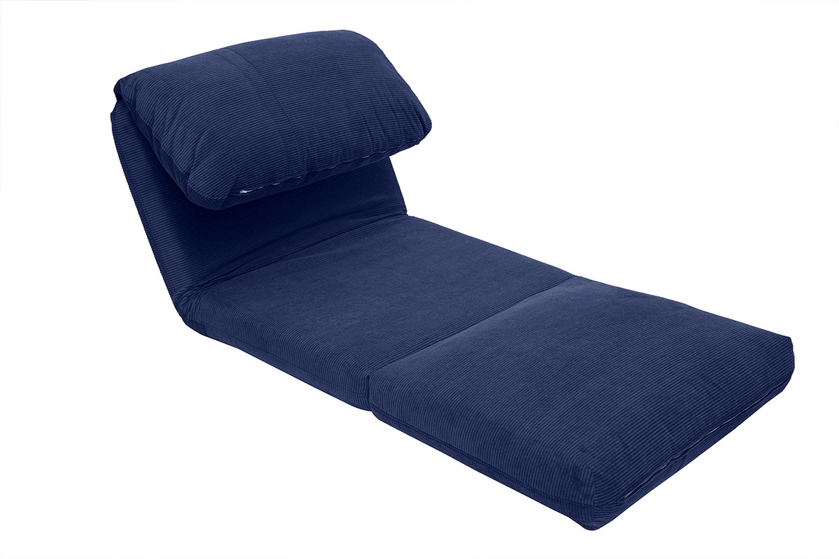 Chauffeuse 1 place bleue en velours c�tel� vue de c�t�, d�pli�e.