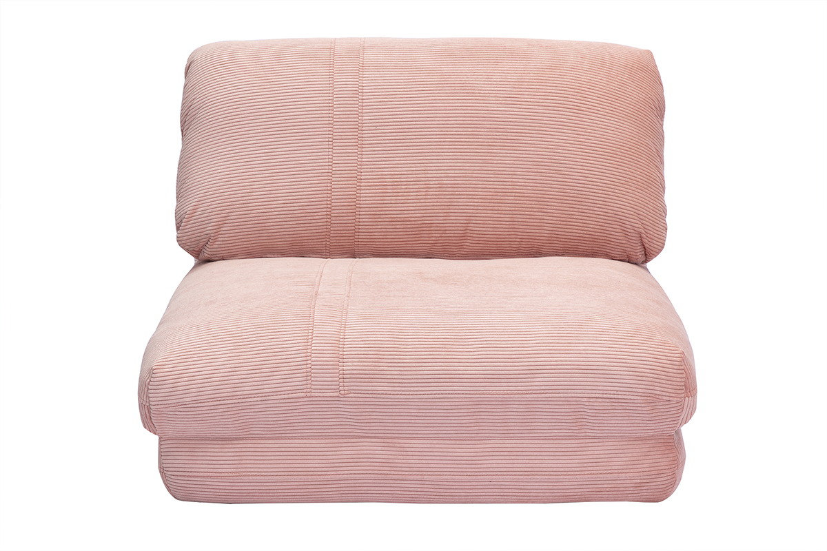 Chauffeuse 1 place convertible en tissu velours c�tel� rose, vue de face.