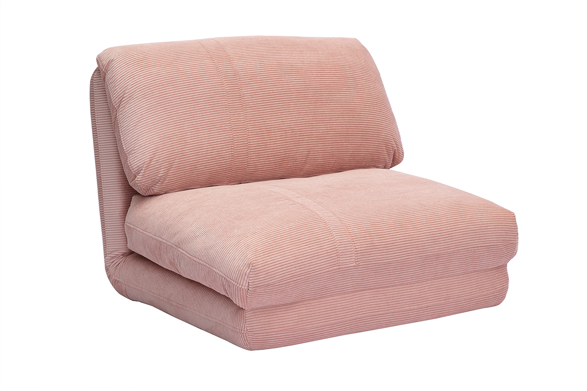 Chauffeuse 1 place convertible en tissu velours c�tel� rose, vue de 3/4.