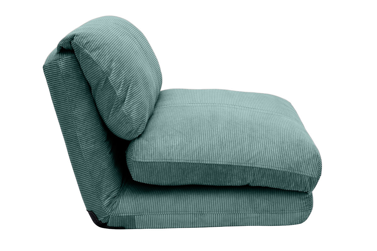 Chauffeuse 1 place convertible en tissu velours c�tel� vert c�ladon, vue de profil