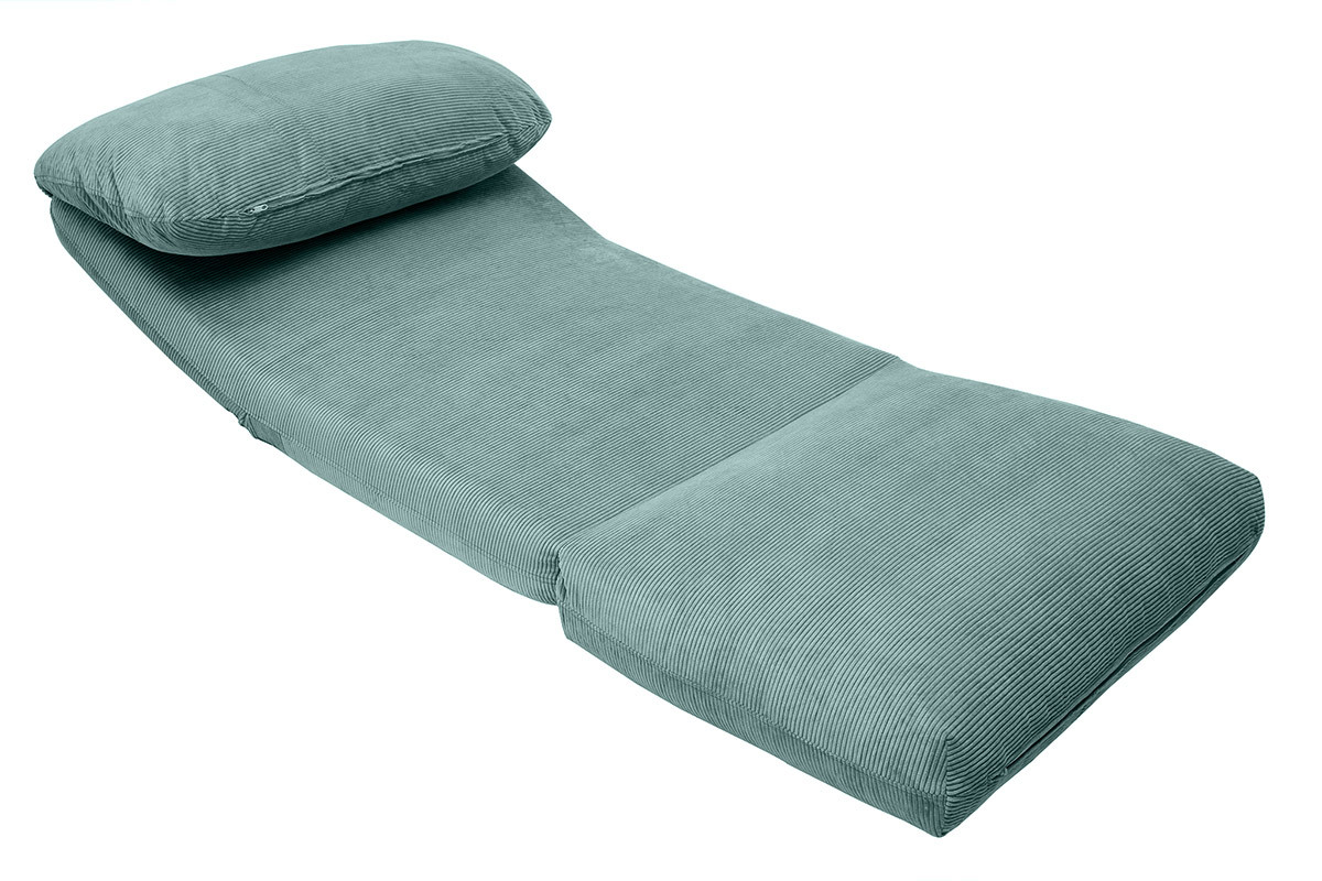 Chauffeuse 1 place convertible en tissu velours c�tel� vert c�ladon, vue de c�t�.