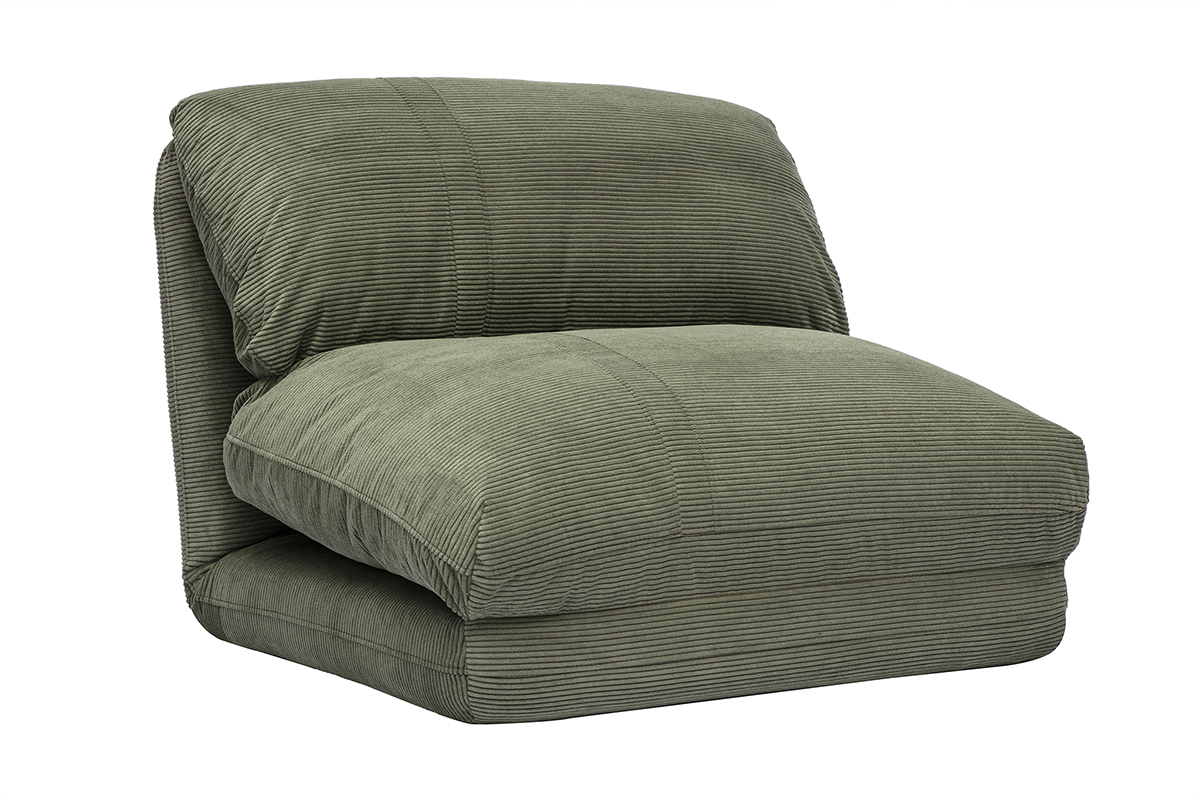 Chauffeuse convertible en velours c�tel� vert kaki, vue de 3/4.